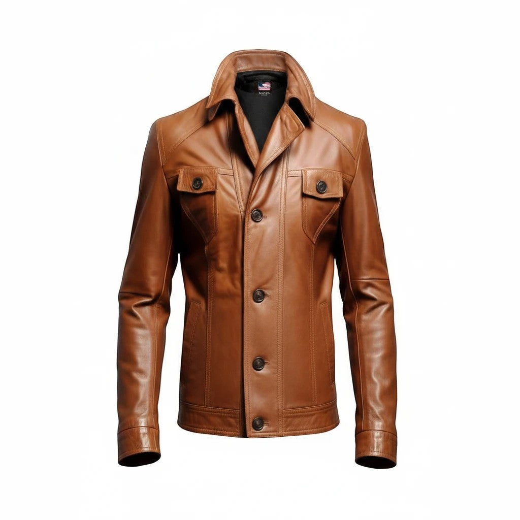 Sea Dragon Dreams men's brown real leather coat with a button-front closure, erect collar, and chest pockets.