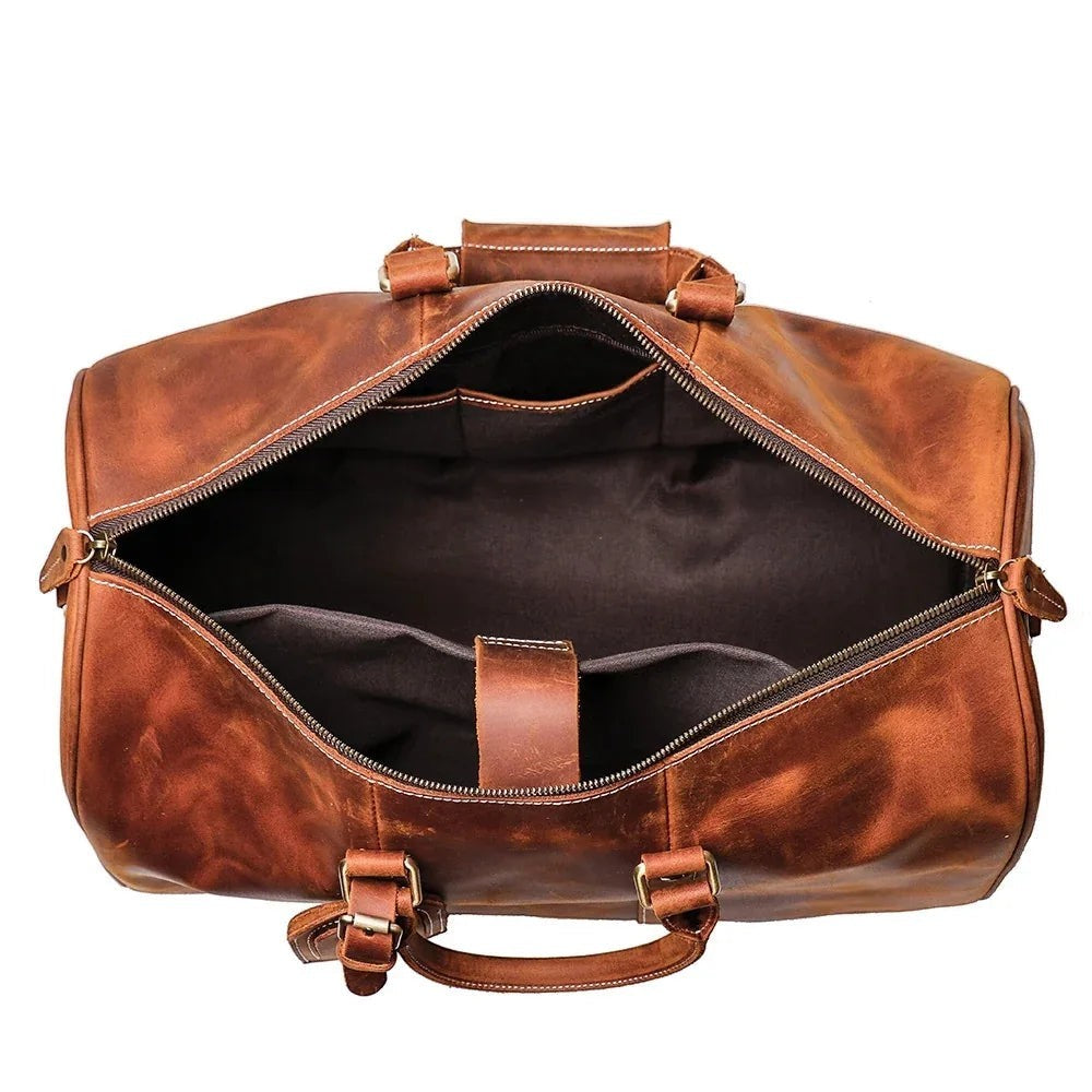 Sea Dragon Dreams Brandt Weekender brown horse leather duffle bag with open top and interior laptop compartment