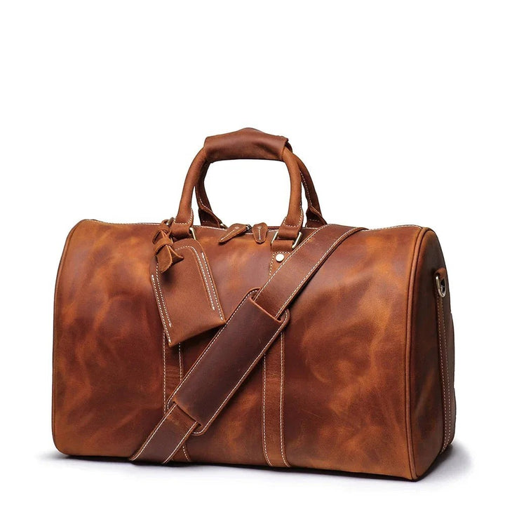 Sea Dragon Dreams Brandt Weekender small brown horse leather duffle bag with shoulder strap and luggage tag