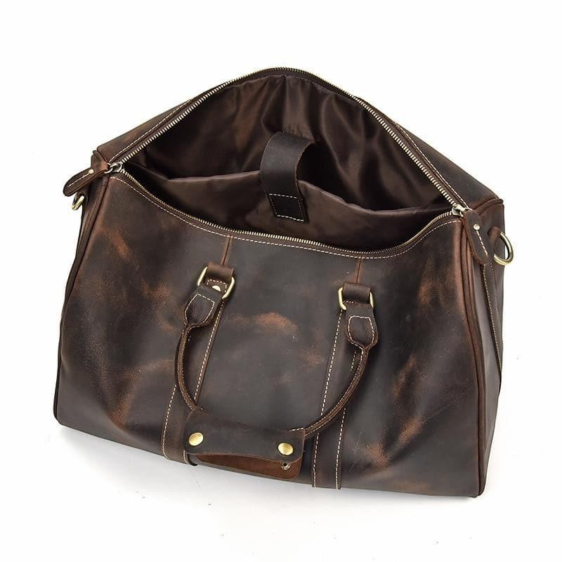 Sea Dragon Dreams Brandt Weekender dark brown horse leather duffle bag with open top and interior laptop compartment
