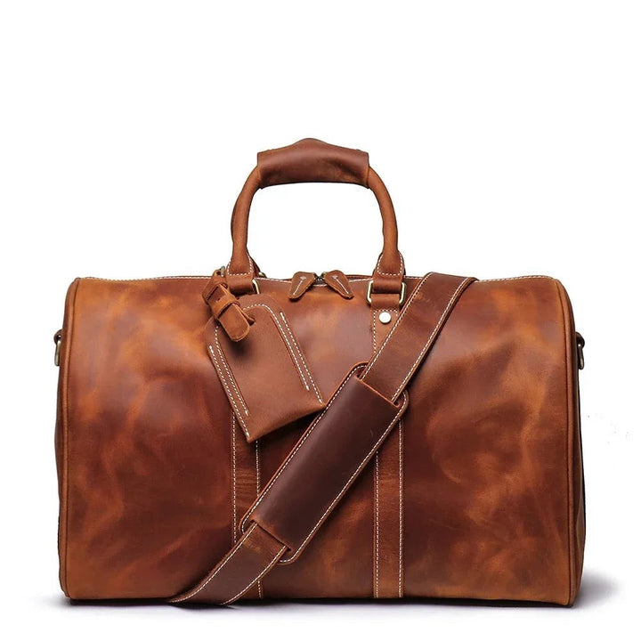 Sea Dragon Dreams Brandt Weekender brown genuine horse leather duffle bag with shoulder strap and luggage tag