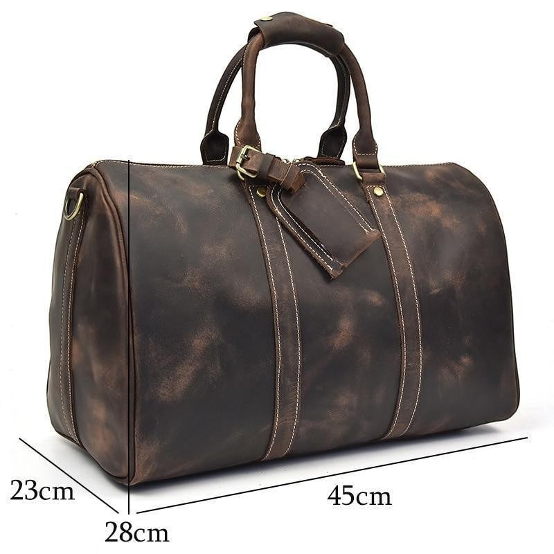 Sea Dragon Dreams Brandt Weekender small brown genuine horse leather duffle bag with top handles and luggage tag