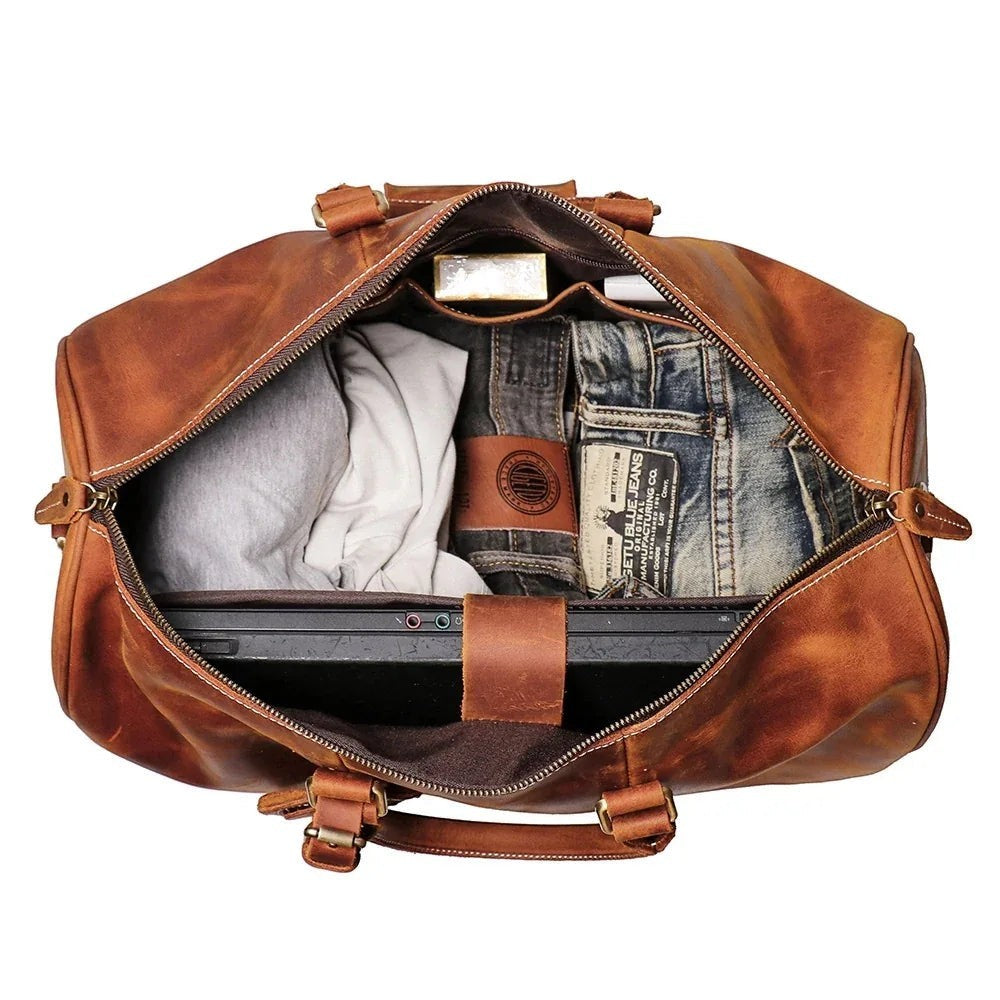 Sea Dragon Dreams Brandt Weekender brown horse leather duffle bag with laptop compartment and organized interior