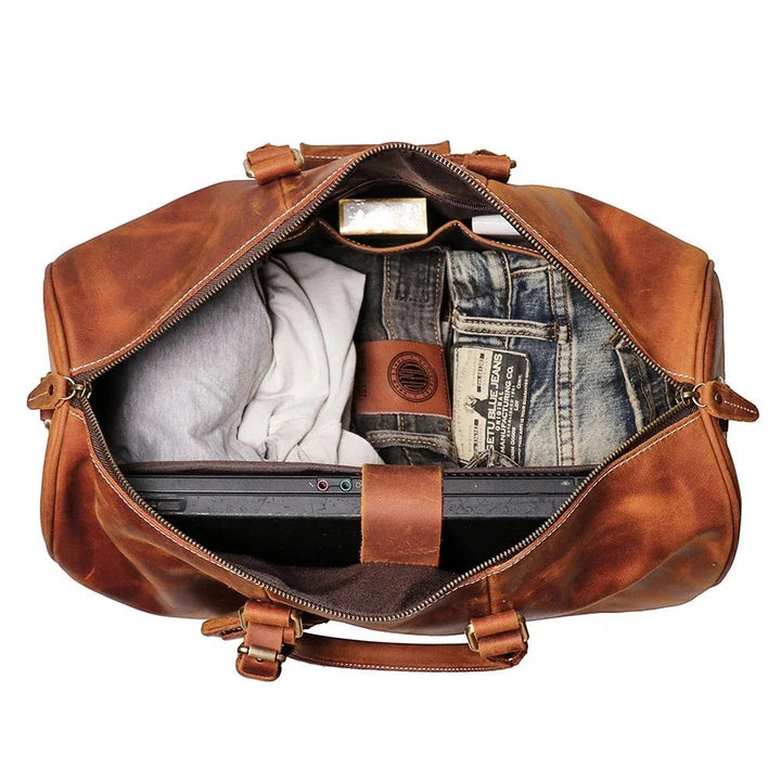 Sea Dragon Dreams Brandt Weekender brown horse leather duffle bag with laptop compartment and organized interior