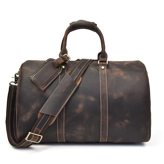 Sea Dragon Dreams Brandt Weekender dark brown genuine horse leather duffle bag with shoulder strap and luggage tag