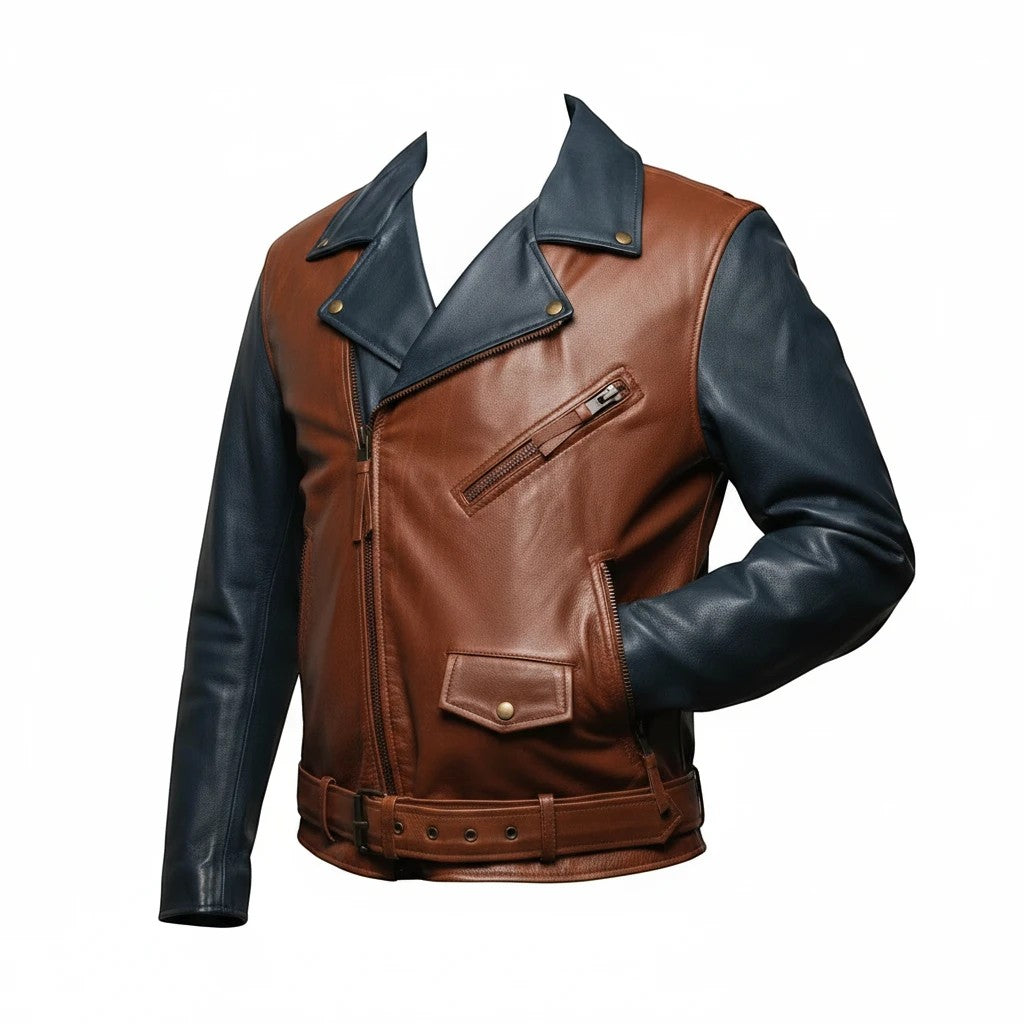 Sea Dragon Dreams custom men's motorcycle leather jacket in brown and navy blue with a belted waist and zip pockets.
