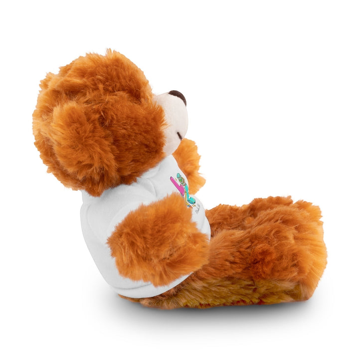 Sea Dragon Dreams brown plush bear wearing a white cotton t-shirt with Love Teacher Life graphic, side view