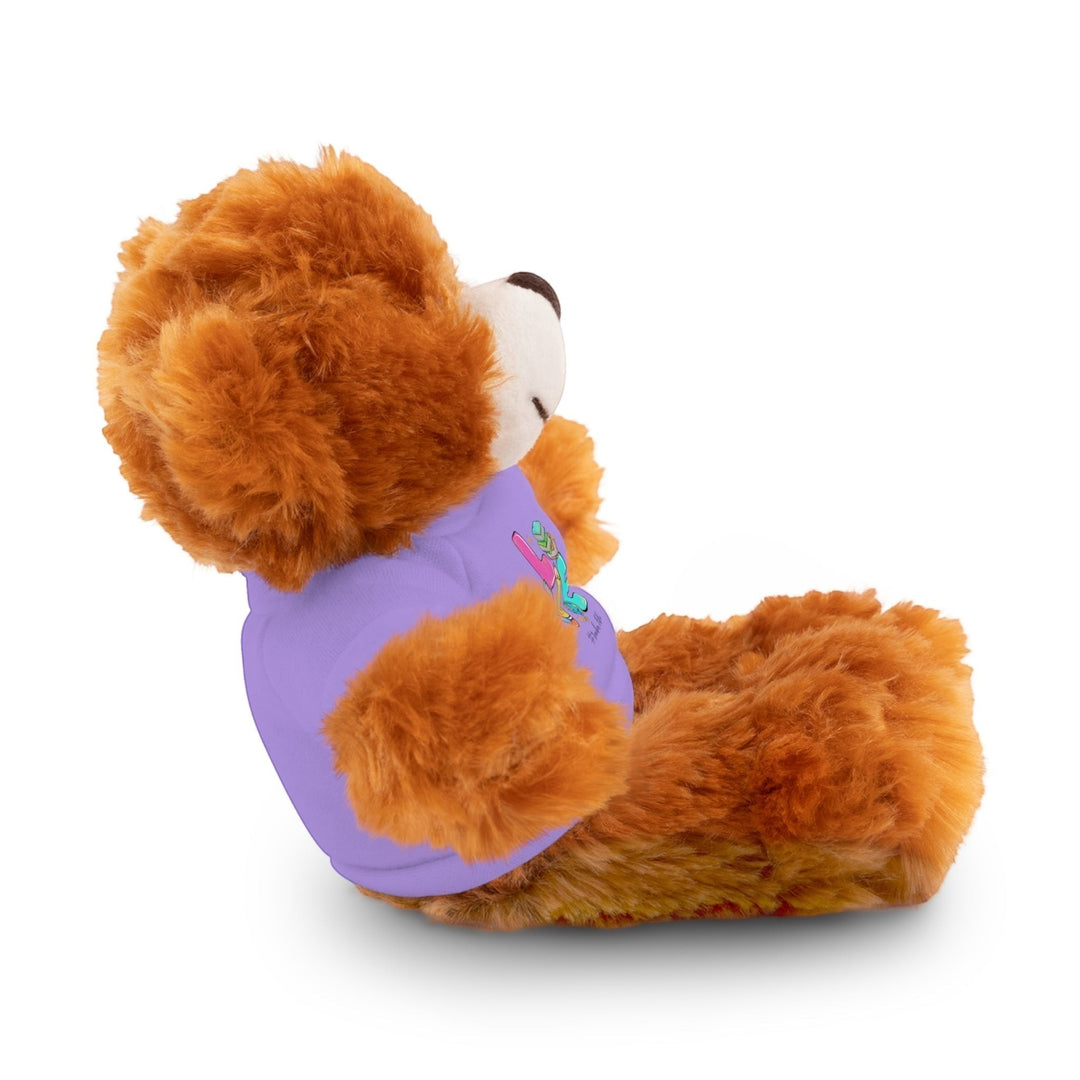 Sea Dragon Dreams brown plush teddy bear wearing a light purple cotton t-shirt with Love Teacher Life graphic