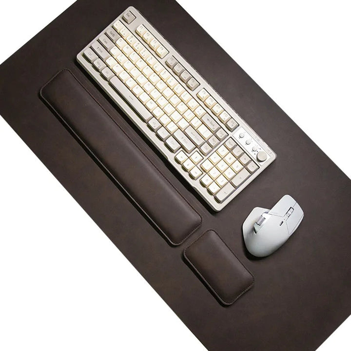 Sea Dragon Dreams 3-piece dark brown waterproof PU desk mat set with keyboard, mouse, and ergonomic wrist supports.