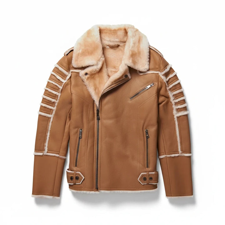 Sea Dragon Dreams brown B3 sheepskin leather aviator jacket with a warm shearling lining and ribbed sleeve details.