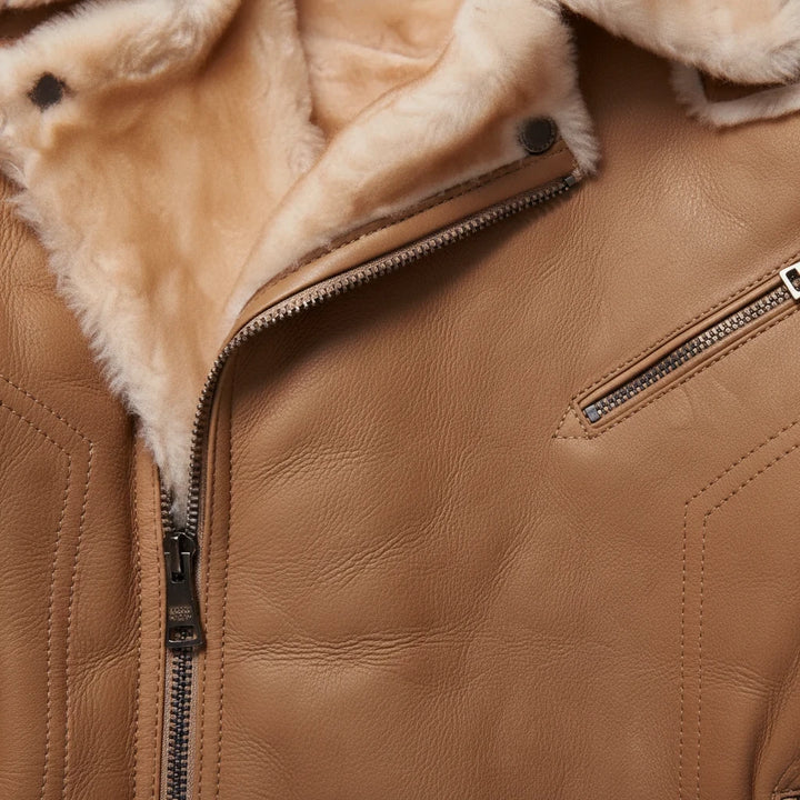 Sea Dragon Dreams brown sheepskin leather B3 aviator jacket with a warm cream shearling lining and metal zipper