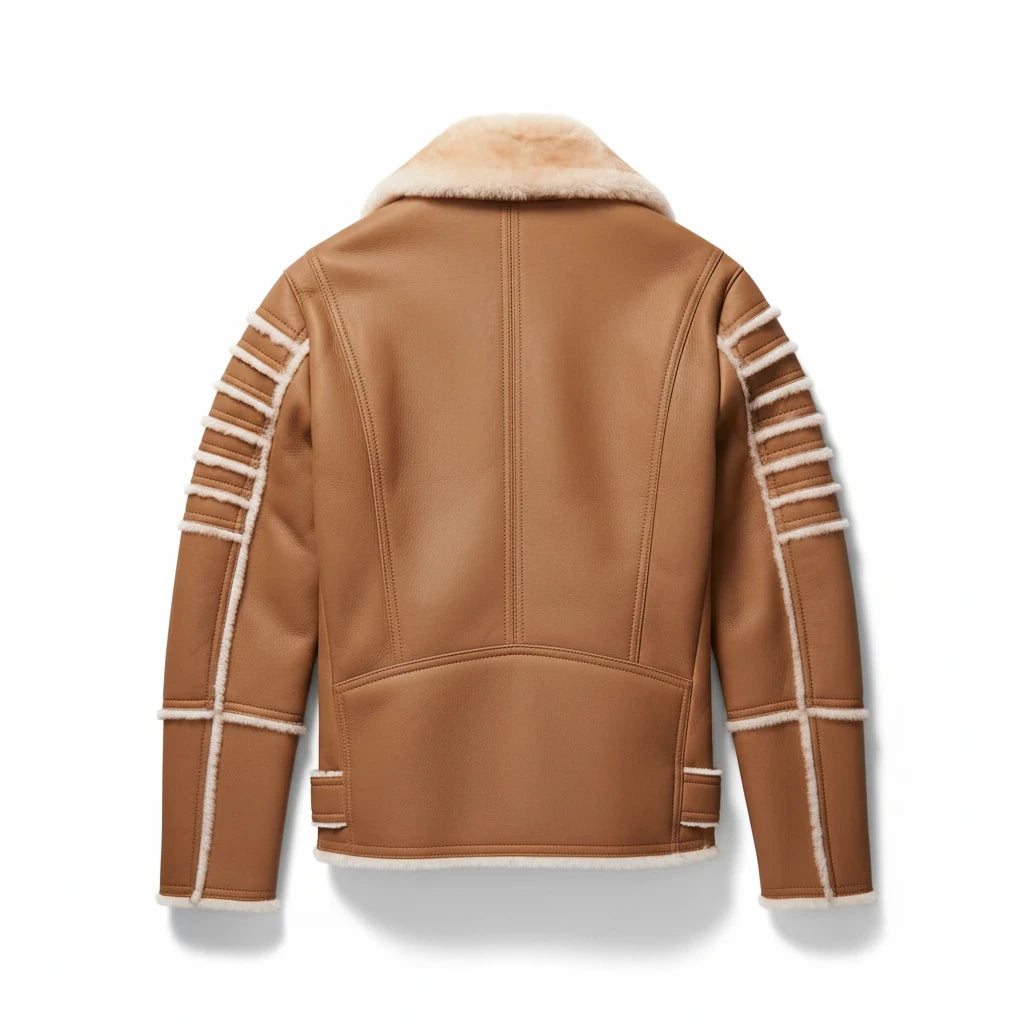 Sea Dragon Dreams brown B3 sheepskin leather aviator jacket with shearling lining and ribbed sleeve detailing, back view
