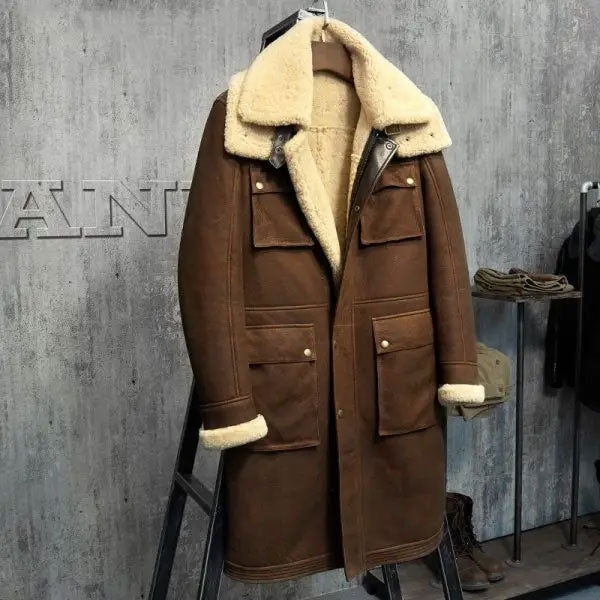 Sea Dragon Dreams men's brown shearling parka with cream wool lining, large collar, and four front utility pockets.