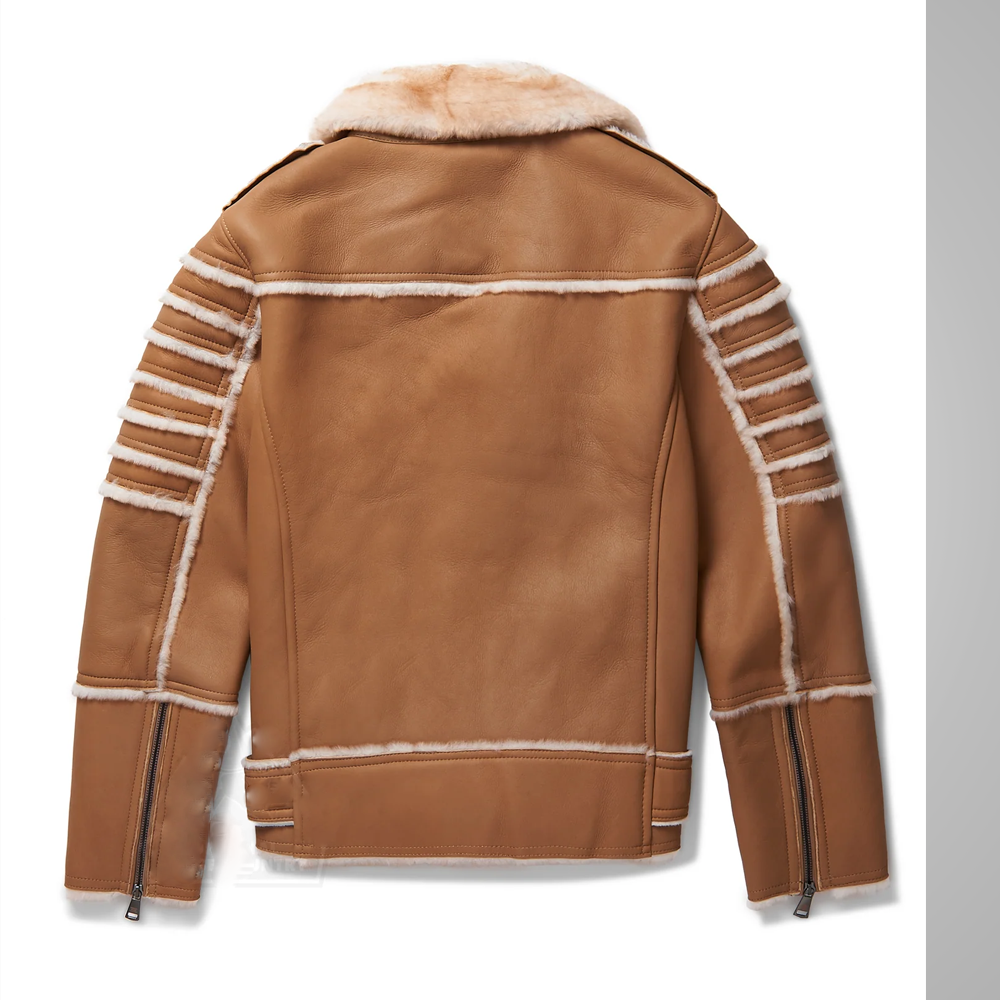 Sea Dragon Dreams brown B3 sheepskin shearling aviator jacket with ribbed sleeve detailing and back view