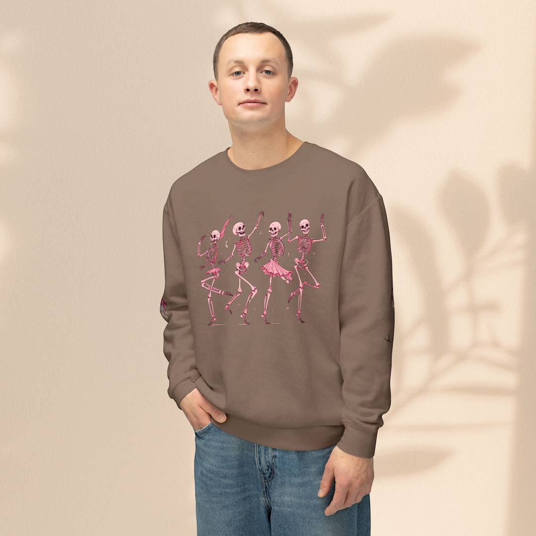 Sea Dragon Dreams brown crewneck sweatshirt featuring a pink dancing skeletons graphic on a male model.