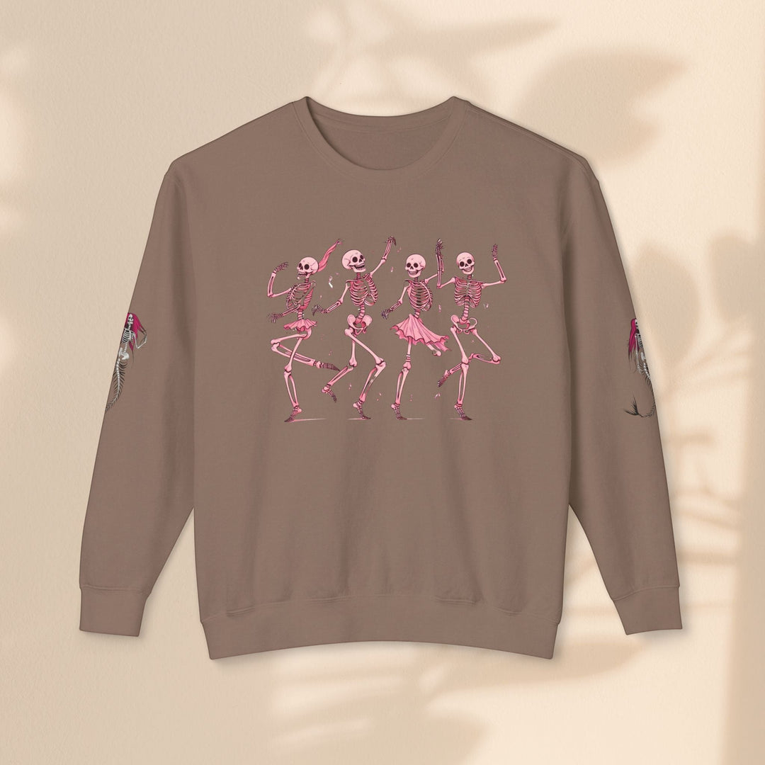 Sea Dragon Dreams brown crewneck sweatshirt featuring a pink dancing skeletons graphic on the front and sleeves.