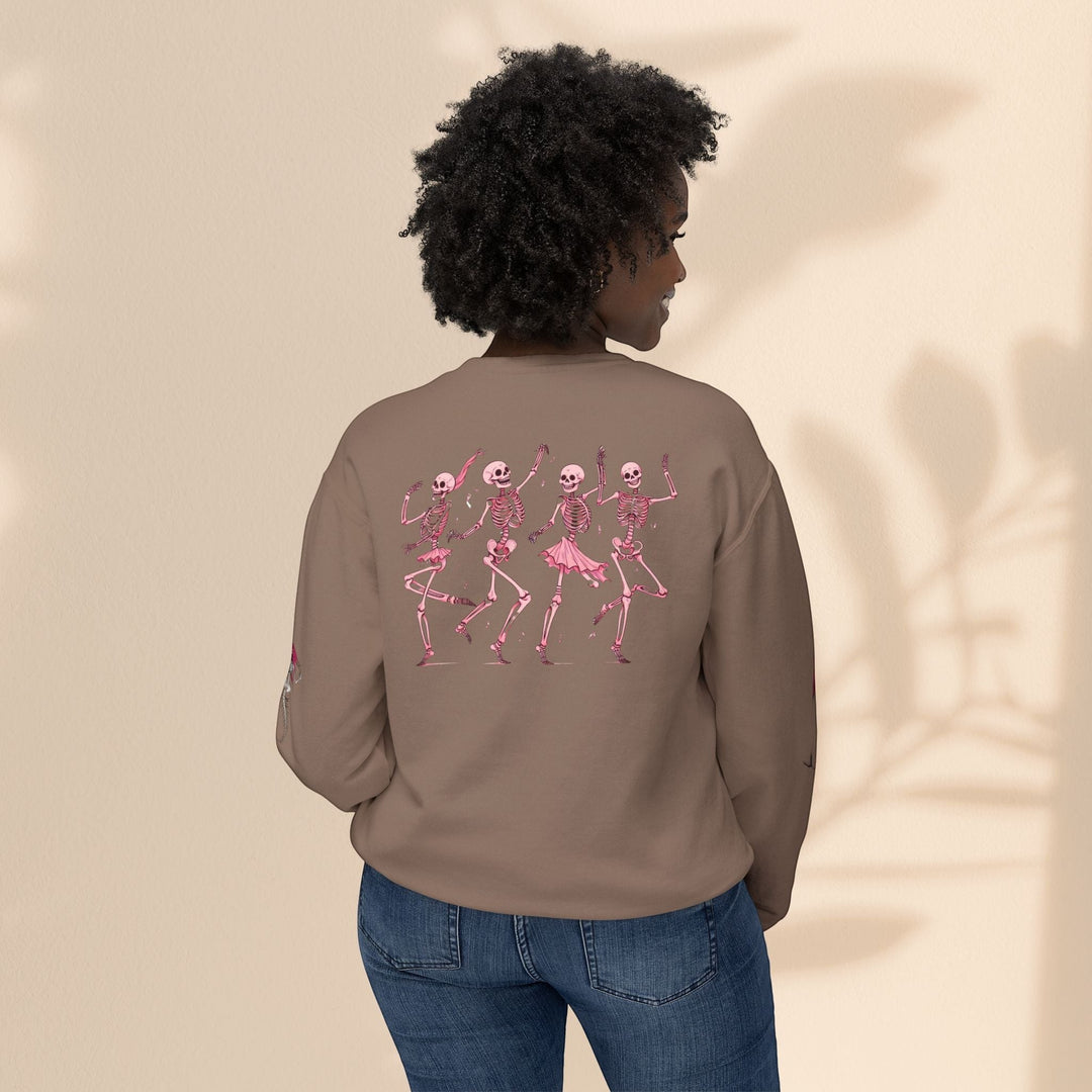 Sea Dragon Dreams unisex brown crewneck sweatshirt featuring a back print of pink dancing skeletons.