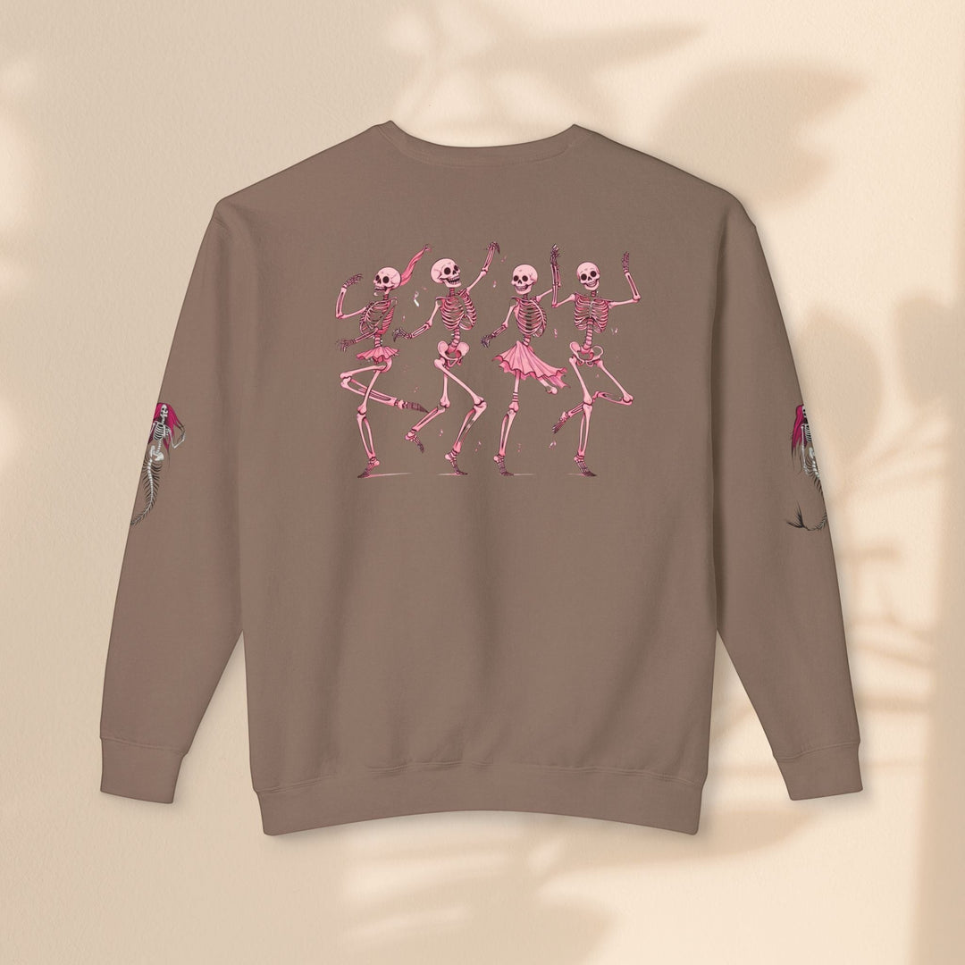 Sea Dragon Dreams brown crewneck sweatshirt featuring a back print of four dancing pink skeletons in skirts.