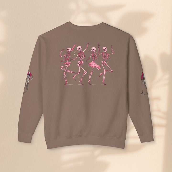 Sea Dragon Dreams brown crewneck sweatshirt featuring a back print of four dancing pink skeletons in skirts.
