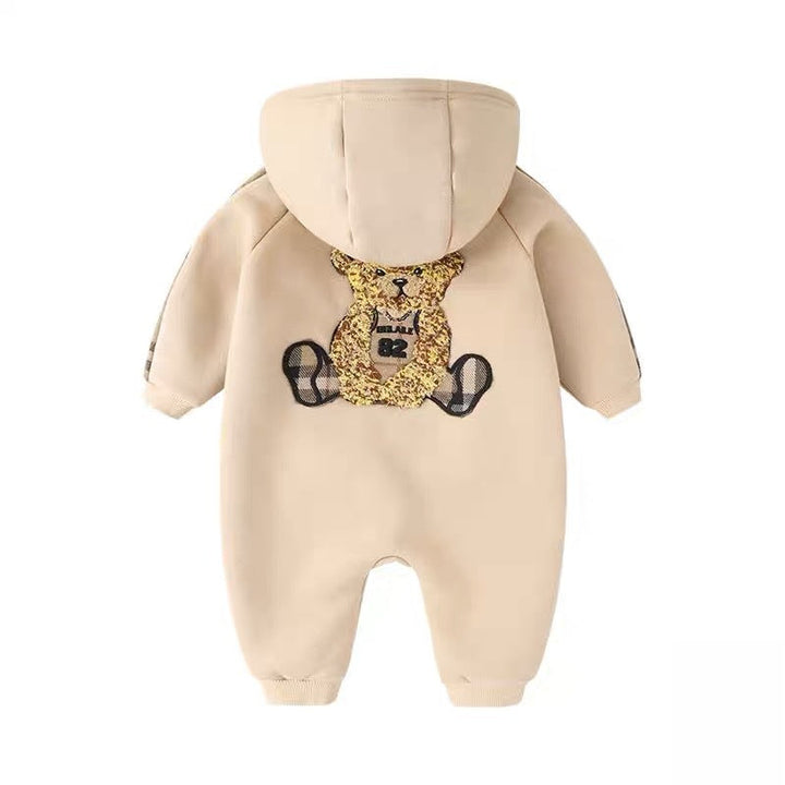 Sea Dragon Dreams coffee brown cotton baby onesie with a hooded teddy bear design and plaid accents