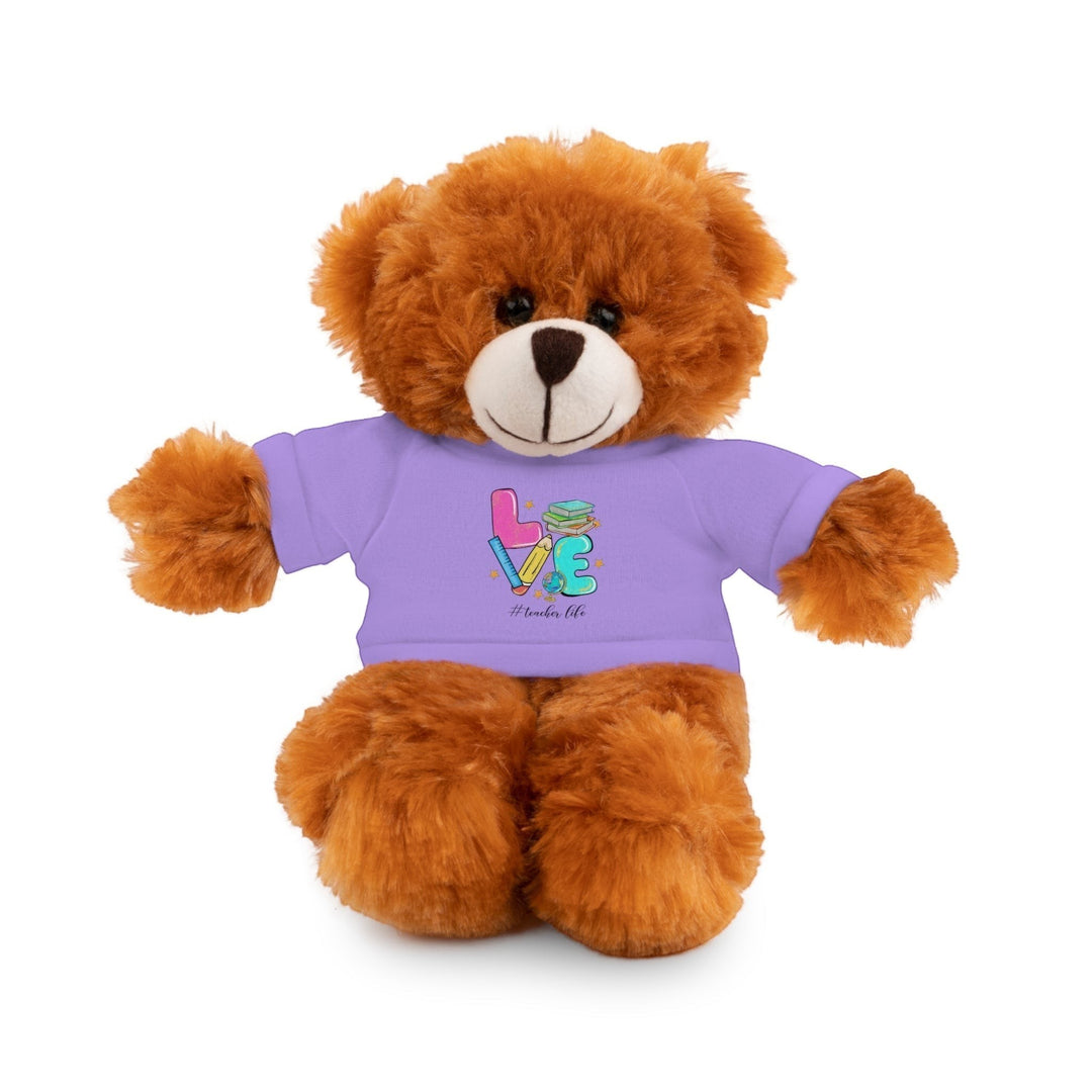 Sea Dragon Dreams brown plush teddy bear wearing a lavender t-shirt with Love Teacher Life school supply graphic