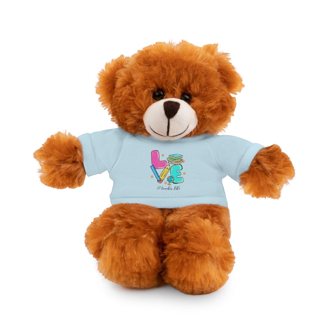 Sea Dragon Dreams brown plush teddy bear wearing a light blue cotton t-shirt with a Love Teacher Life graphic print.