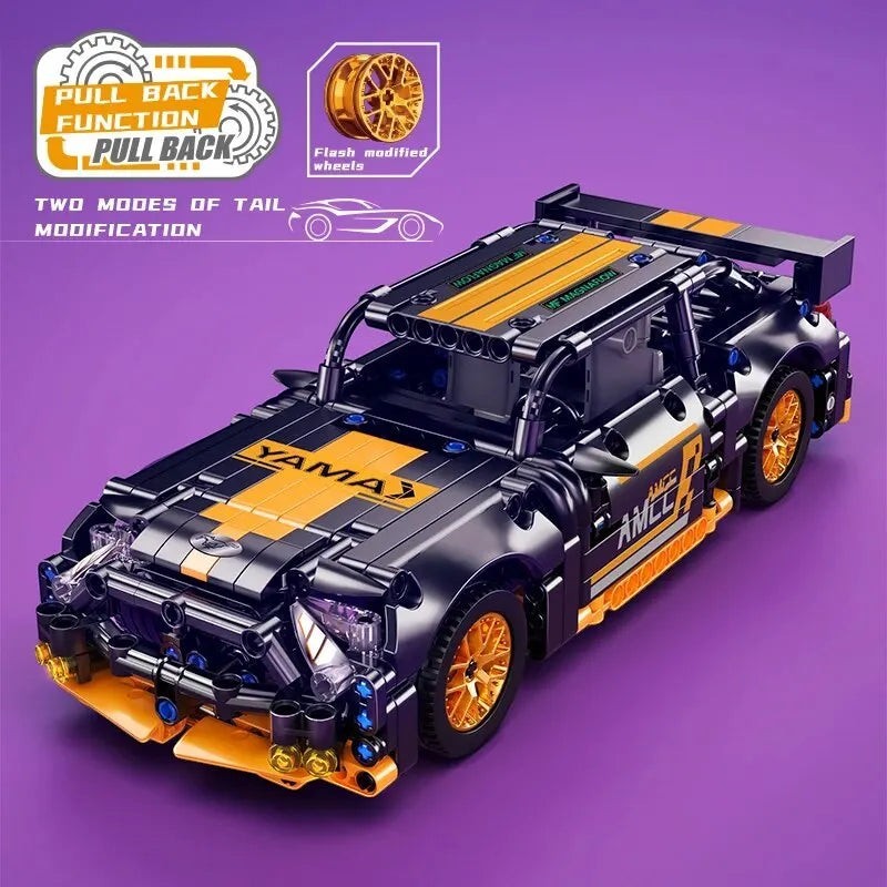 Sea Dragon Dreams 504-piece black and yellow building block racing car toy with pull-back function and modified wheels