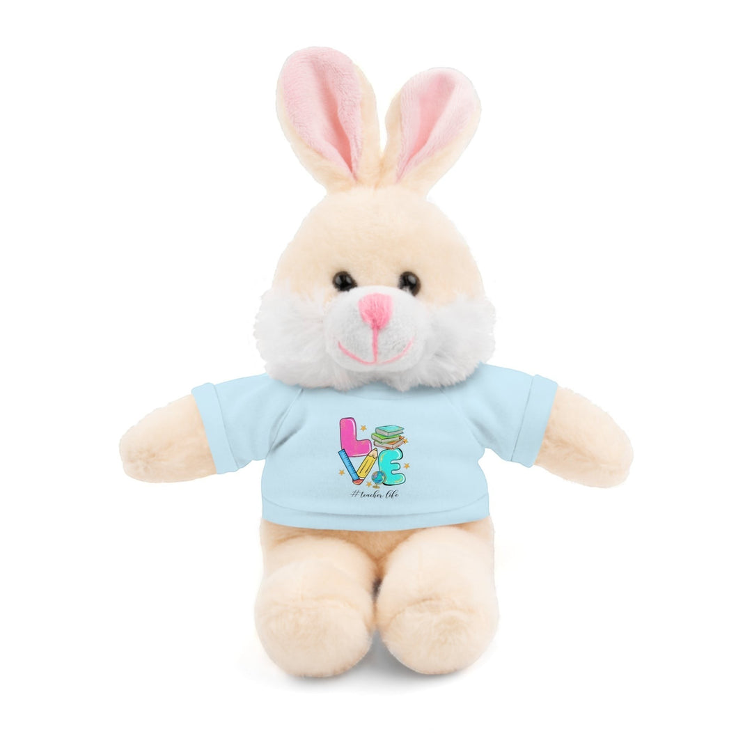 Sea Dragon Dreams plush bunny stuffed animal wearing a light blue cotton t-shirt with Love Teacher Life graphic