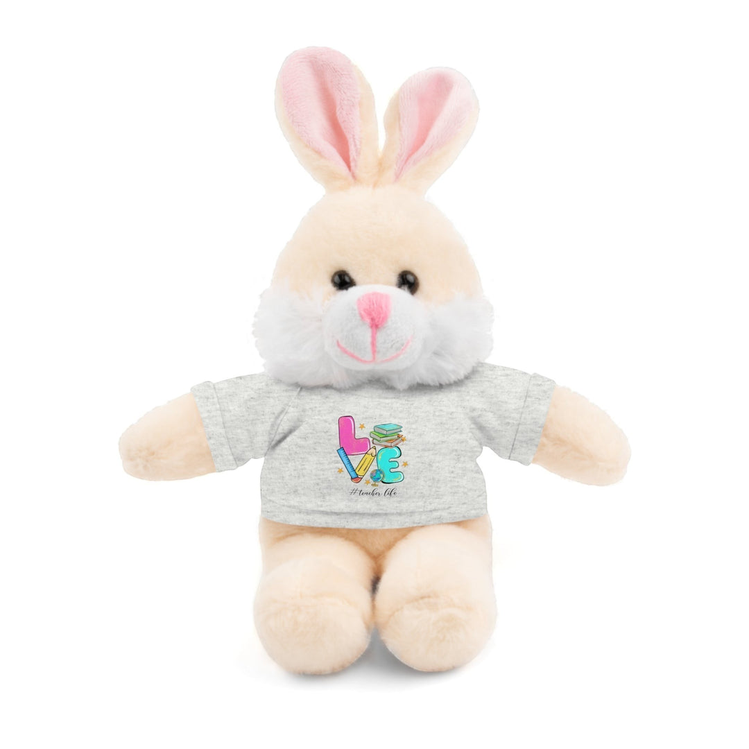 Sea Dragon Dreams 8-inch plush bunny stuffed animal wearing a grey cotton t-shirt with a Love Teacher Life graphic.