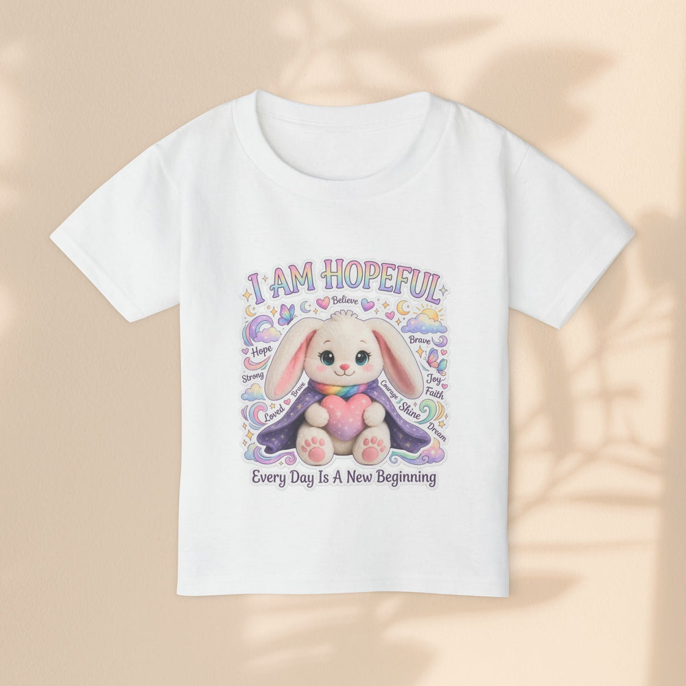 Sea Dragon Dreams white cotton toddler t-shirt featuring a cute bunny illustration with the text I Am Hopeful