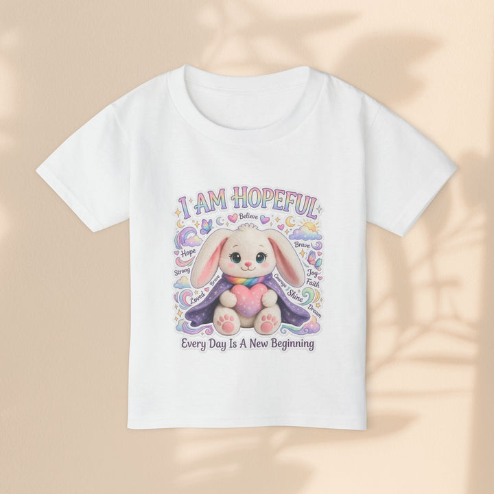 Sea Dragon Dreams white cotton toddler t-shirt featuring a cute bunny illustration with the text I Am Hopeful