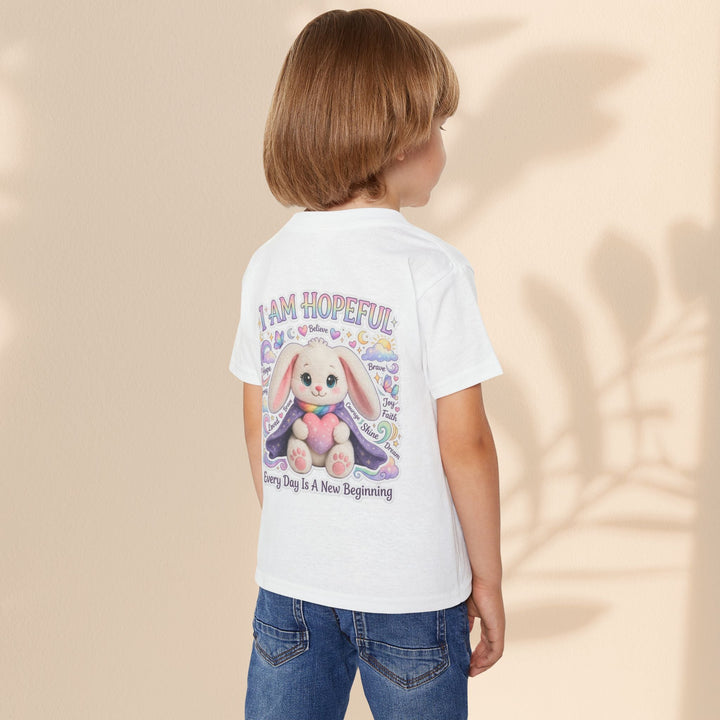 Sea Dragon Dreams toddler t-shirt featuring a cute bunny graphic with I Am Hopeful text on the back
