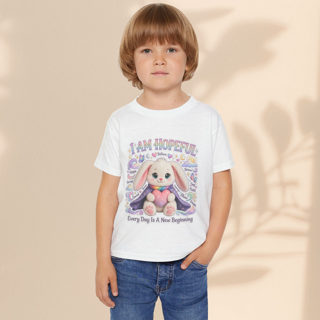 Sea Dragon Dreams toddler t-shirt with a cute bunny graphic, I Am Hopeful text, and soft cotton fabric.