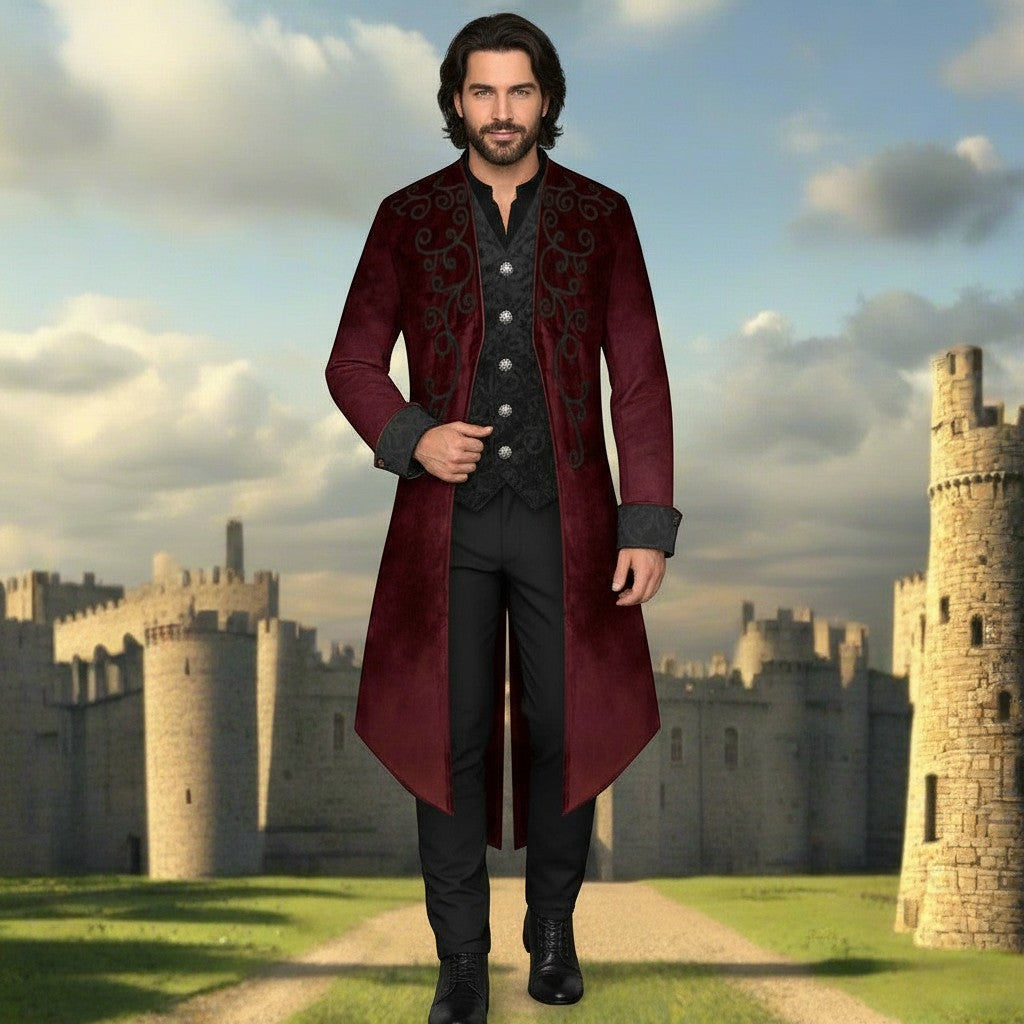 Sea Dragon Dreams men's burgundy Gothic Renaissance tailcoat jacket with ornate embroidery, worn by a man at a castle.