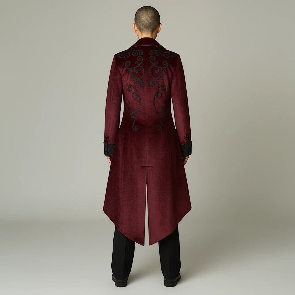Sea Dragon Dreams men's burgundy Gothic tailcoat with black embroidery on the back, worn by a model, rear view.