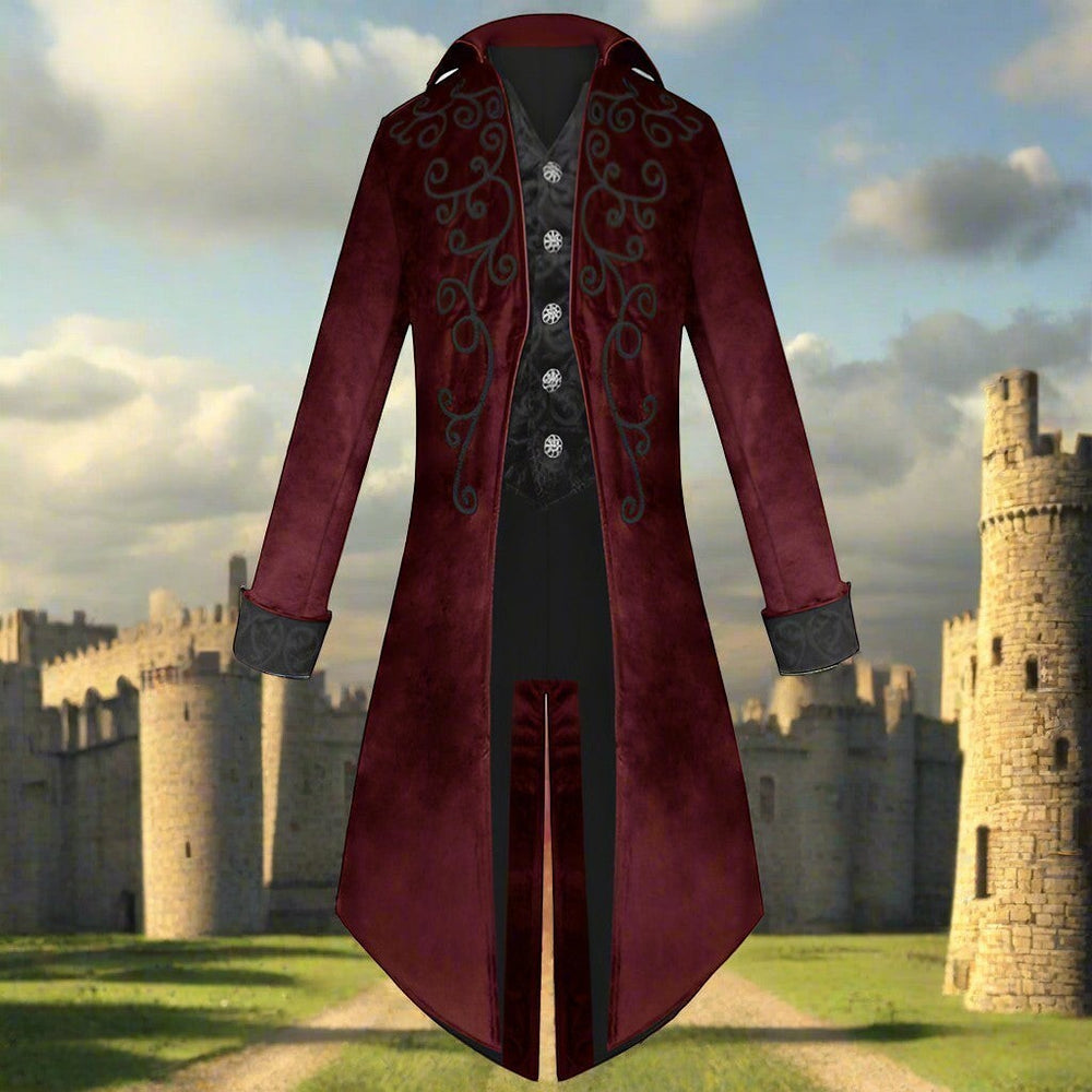 Sea Dragon Dreams men's burgundy Gothic Renaissance tailcoat with black embroidery and Victorian tuxedo styling.