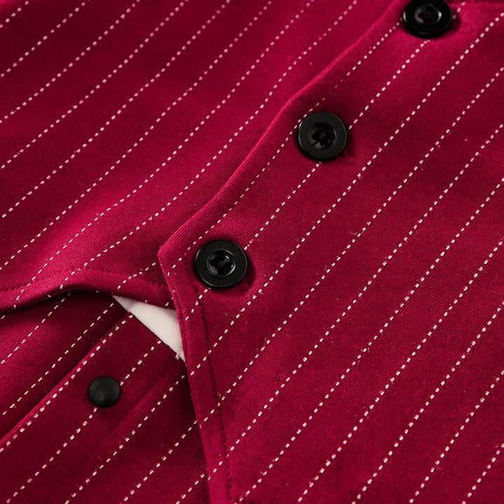 Sea Dragon Dreams baby boy long-sleeve cotton romper in burgundy with white pinstripes and black button detail