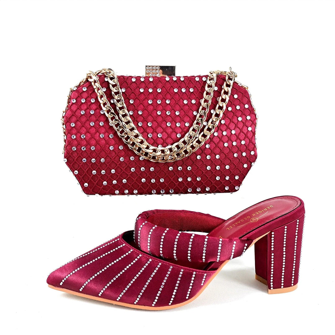 Sea Dragon Dreams burgundy satin high-heel mules and matching clutch bag adorned with sparkling crystal embellishments.
