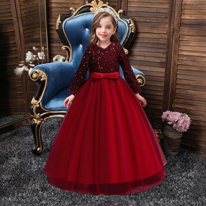 Sea Dragon Dreams girls' long-sleeve burgundy party dress with sequin bodice, tulle skirt, and waist bow