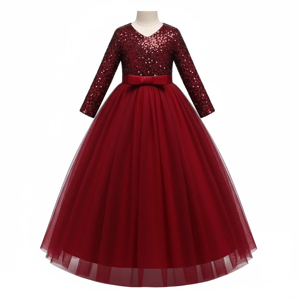 Sea Dragon Dreams girls' long-sleeve burgundy party dress with sequin bodice and full tulle skirt