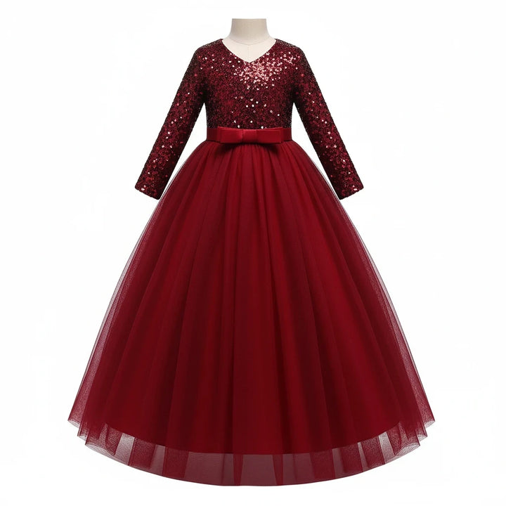 Sea Dragon Dreams girls' long-sleeve burgundy party dress with sequin bodice and full tulle skirt