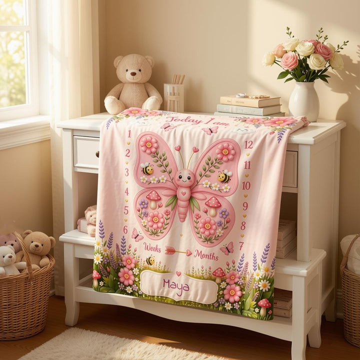 Sea Dragon Dreams personalized baby milestone blanket with pink butterfly garden design and floral accents on a white dresser.