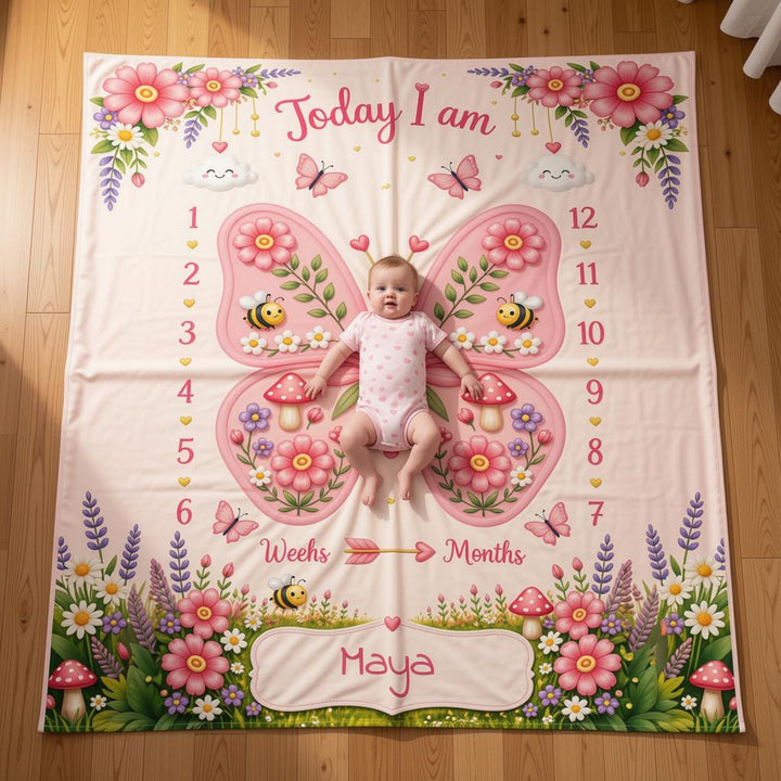 Sea Dragon Dreams personalized baby milestone blanket with pink butterfly garden design and baby lying in center