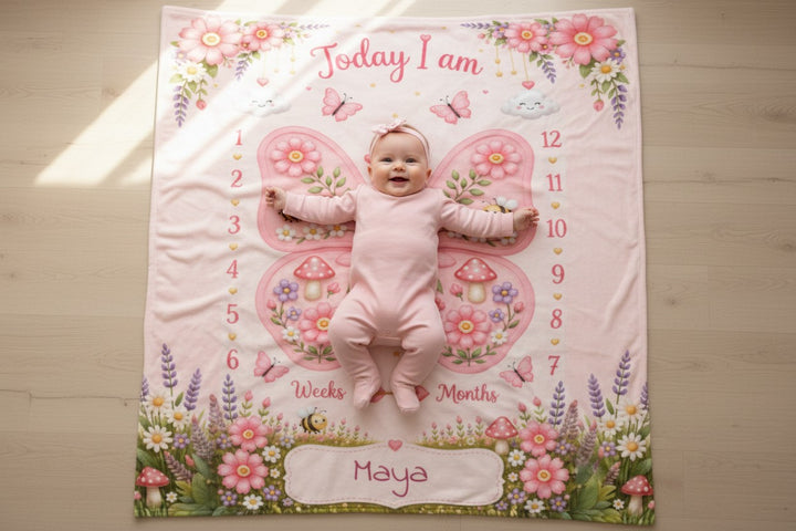 Sea Dragon Dreams personalized butterfly milestone blanket with a baby girl lying on a soft pink floral background.