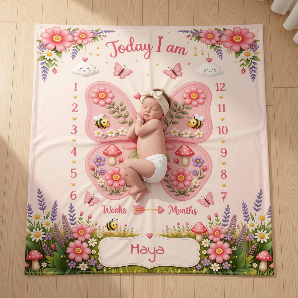 Sea Dragon Dreams personalized baby milestone blanket with butterfly design, floral motifs, and baby name Maya.