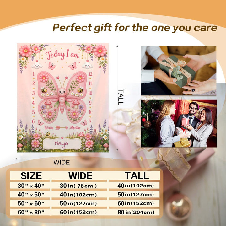 Sea Dragon Dreams personalized butterfly baby milestone blanket with floral garden design and size chart guide.