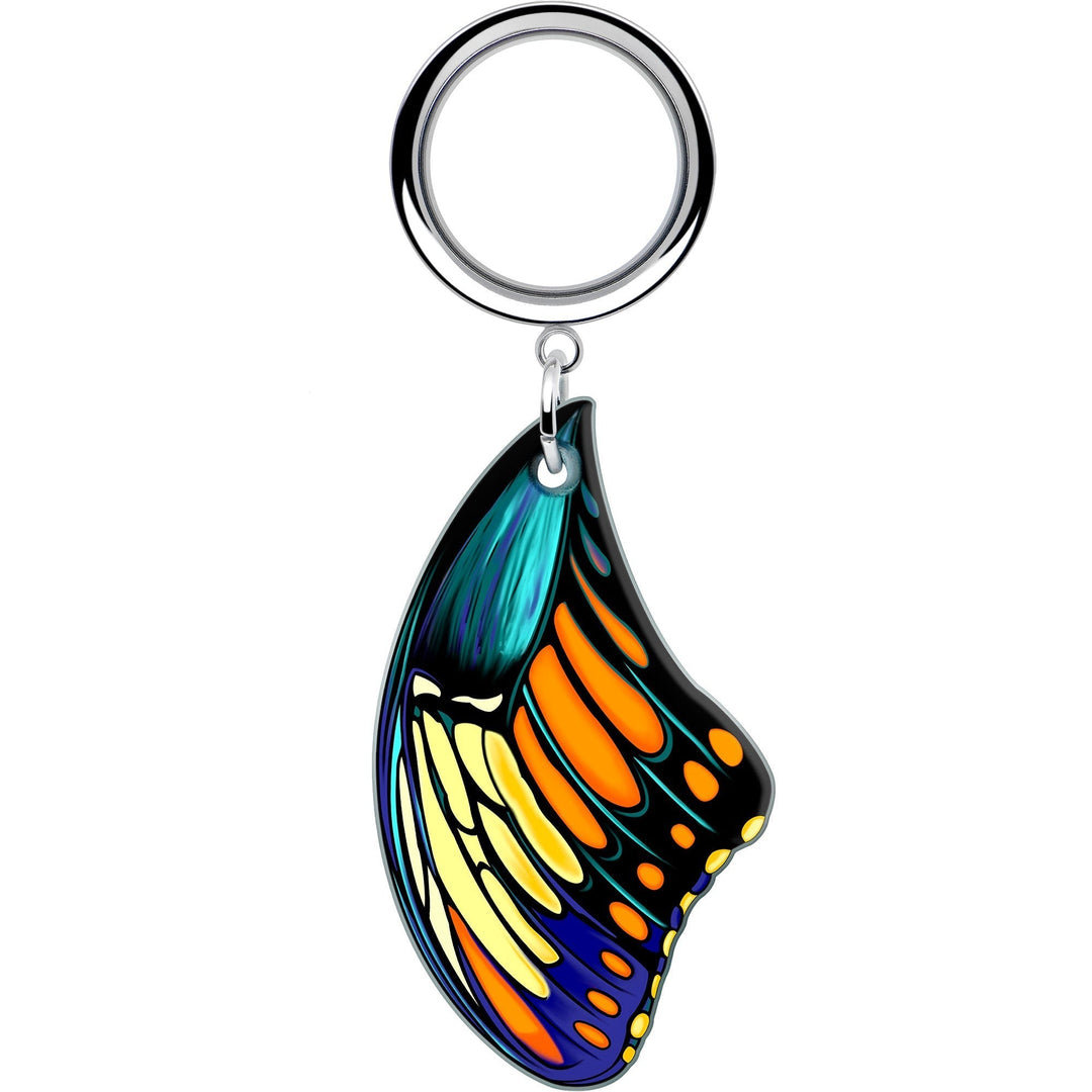 Sea Dragon Dreams butterfly wing dangle charm for surgical steel ear tunnels in vibrant blue, yellow, and orange acrylic.