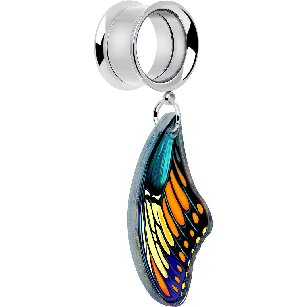 Sea Dragon Dreams surgical steel ear tunnel with a vibrant blue, yellow, and orange acrylic butterfly wing dangle.