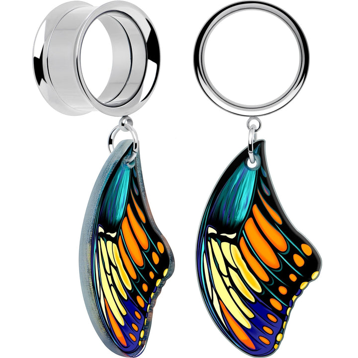 Sea Dragon Dreams butterfly wing ear tunnels featuring vibrant blue, yellow, and orange acrylic charms on steel plugs.