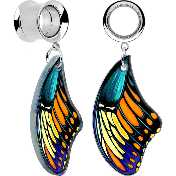 Sea Dragon Dreams butterfly wing ear tunnels featuring vibrant blue, yellow, and orange acrylic charms on steel plugs.